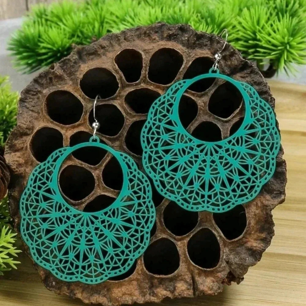 Large aqua green blue pendant dangle earrings women's boho hippie mandala dress